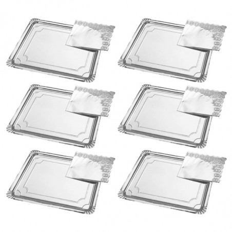 Tradineur - Pack de 6 bandejas rectangulares de cartón con blonda, fuente reciclable para pasteles con encaje de papel, decoraci