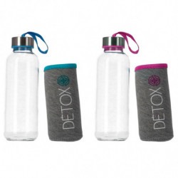 Tradineur - Pack de 2 botellas de vidrio con funda y asa, modelo Detox, cierre de rosca, llevar agua, deporte, gimnasio, camping
