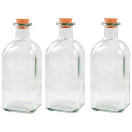 Tradineur - Pack de 3 botellas de vidrio, frascas con tapón de corcho, reutilizables, rellenables, licores, aceite, agua, vino,