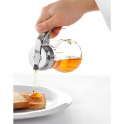 Tradineur - Jarra para miel, vidrio y metal, mielera, dispensador, tarro para sirope, salsas, flujo regulable, apto para lavavaj
