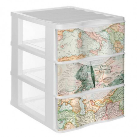 Tradineur - Cajonera de plástico, modelo Mapamundi, 3 cajones transparentes, torre almacenaje, juguetes, dormitorio infantil, ni