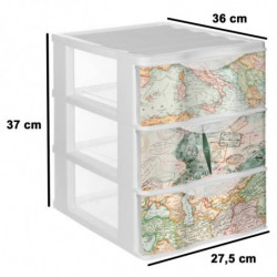 Tradineur - Cajonera de plástico, modelo Mapamundi, 3 cajones transparentes, torre almacenaje, juguetes, dormitorio infantil, ni