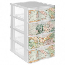 Tradineur - Cajonera de plástico, modelo Mapamundi, 4 cajones transparentes, torre almacenaje, juguetes, dormitorio infantil, ni