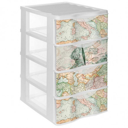 Tradineur - Cajonera de plástico, modelo Mapamundi, 4 cajones transparentes, torre almacenaje, juguetes, dormitorio infantil, ni