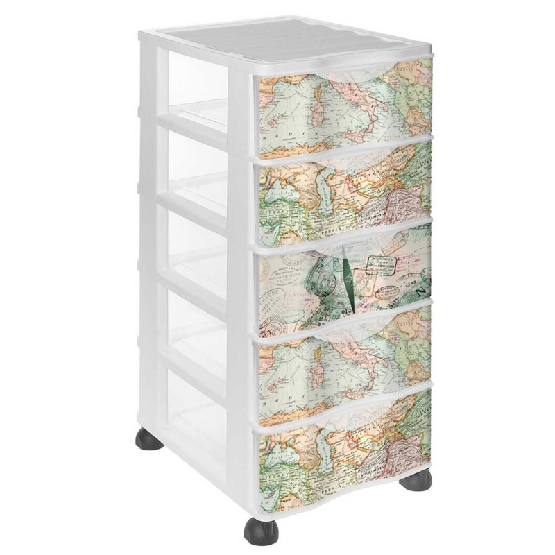 Tradineur - Cajonera de plástico con ruedas, modelo Mapamundi, 5 cajones transparentes, torre almacenaje, juguetes, dormitorio i Tradineur - Cajonera de plástico con ruedas, modelo Mapamundi, 5 cajones transparentes, torre almacenaje, juguetes, dormitorio i