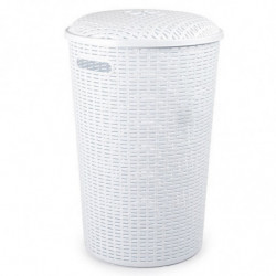 Tradineur - Cesto rattan redondo para ropa sucia con tapa y asas, pongotodo de plástico, cubo para colada, imitación de mimbre,