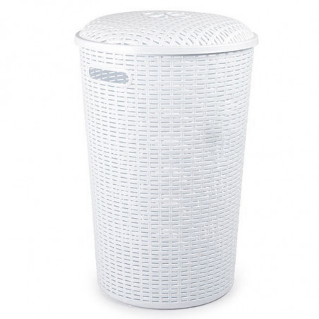 Tradineur - Cesto rattan redondo para ropa sucia con tapa y asas, pongotodo de plástico, cubo para colada, imitación de mimbre,