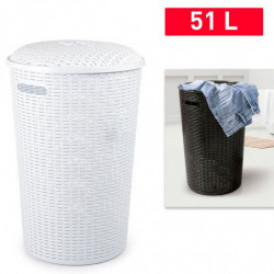 Tradineur - Cesto rattan redondo para ropa sucia con tapa y asas, pongotodo de plástico, cubo para colada, imitación de mimbre,