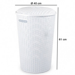 Tradineur - Cesto rattan redondo para ropa sucia con tapa y asas, pongotodo de plástico, cubo para colada, imitación de mimbre,