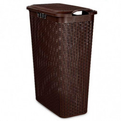 Tradineur - Cesto rattan estrecho para ropa sucia con tapa y asas, pongotodo de plástico, cubo para colada, imitación de mimbre,