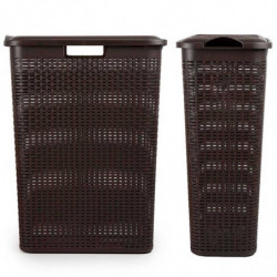 Tradineur - Cesto rattan estrecho para ropa sucia con tapa y asas, pongotodo de plástico, cubo para colada, imitación de mimbre,