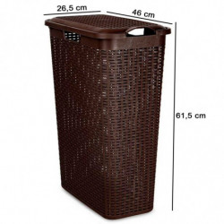Tradineur - Cesto rattan estrecho para ropa sucia con tapa y asas, pongotodo de plástico, cubo para colada, imitación de mimbre,