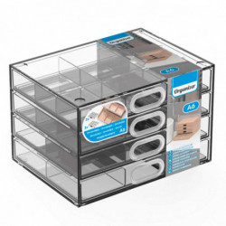 Tradineur - Mini cajonera A6 transparente, 4 cajones con divisiones, plástico, organizador de cosméticos, maquillaje, accesorios