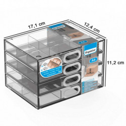 Tradineur - Mini cajonera A6 transparente, 4 cajones con divisiones, plástico, organizador de cosméticos, maquillaje, accesorios