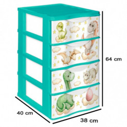 Tradineur - Cajonera de plástico, modelo Wagon Dinosaurios, 4 cajones, torre almacenaje, juguetes, dormitorio infantil, niños, f