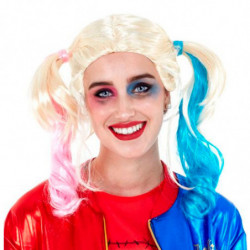 Tradineur - Peluca de Harley Quinn para mujer, fibra sintética, complemento para disfraz de villana, carnaval, Halloween, cospla