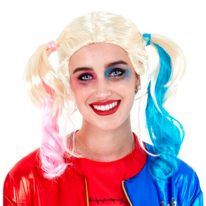 Tradineur - Peluca de Harley Quinn para mujer, fibra sintética, complemento para disfraz de villana, carnaval, Halloween, cospla Tradineur - Peluca de Harley Quinn para mujer, fibra sintética, complemento para disfraz de villana, carnaval, Halloween, cospla