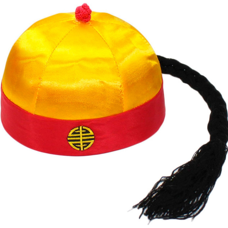 Tradineur - Gorro de chino con coleta - Fabricado en Poliéster - Ideal para disfraces de carnaval y Halloween - Color Amarillo y Tradineur - Gorro de chino con coleta - Fabricado en Poliéster - Ideal para disfraces de carnaval y Halloween - Color Amarillo y