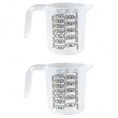 Tradineur - Pack de 2 Jarras de medición con asa - Fabricado en Plástico - Capacidad de 250 ml - Medidas para harina y azúcar ha