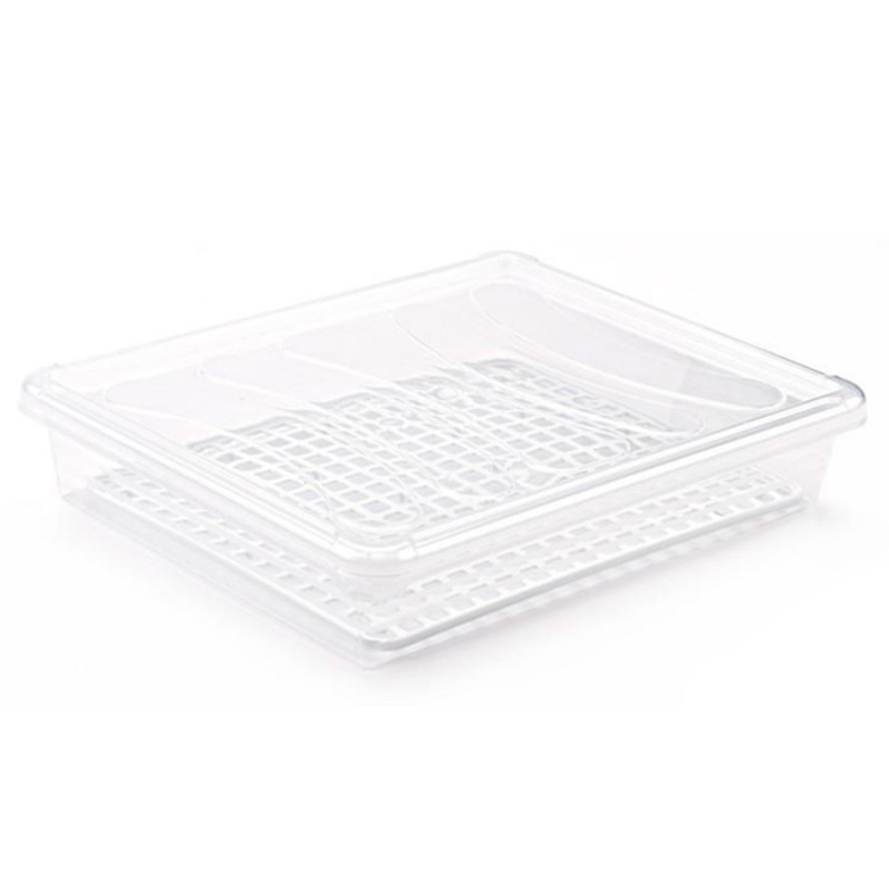 Tradineur - Bandeja frigorífica de almacenamiento con tapa y rejilla, plástico, reutilizable, descongelar alimentos, fabricado e Tradineur - Bandeja frigorífica de almacenamiento con tapa y rejilla, plástico, reutilizable, descongelar alimentos, fabricado e