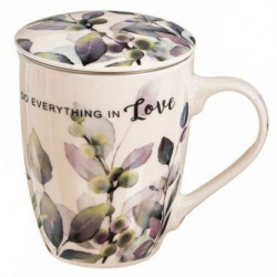 Tradineur - Taza de té con filtro y tapa, cerámica y acero inoxidable, mantiene caliente la infusión, regalo original (Plantas,