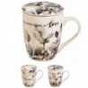 Tradineur - Taza de té con filtro y tapa, cerámica y acero inoxidable, mantiene caliente la infusión, regalo original (Plantas,