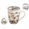 Tradineur - Taza de té con filtro y tapa, cerámica y acero inoxidable, mantiene caliente la infusión, regalo original (Plantas,