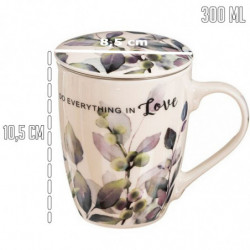 Tradineur - Taza de té con filtro y tapa, cerámica y acero inoxidable, mantiene caliente la infusión, regalo original (Plantas,