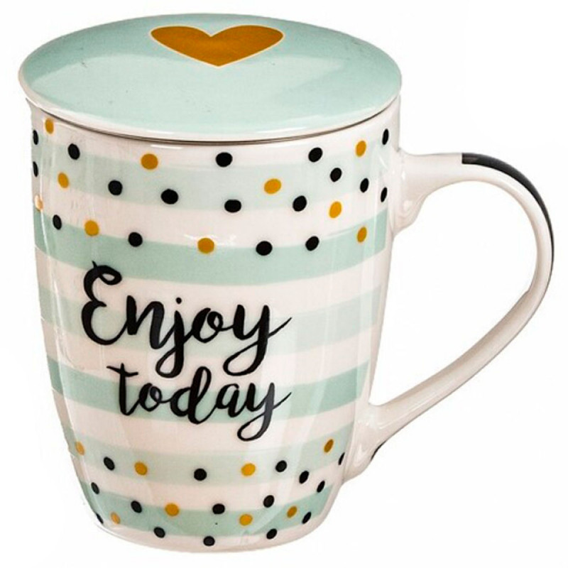 Tradineur - Taza de té con filtro y tapa, cerámica y acero inoxidable, regalo original, mantiene caliente la infusión (Puntos, 3 Tradineur - Taza de té con filtro y tapa, cerámica y acero inoxidable, regalo original, mantiene caliente la infusión (Puntos, 3