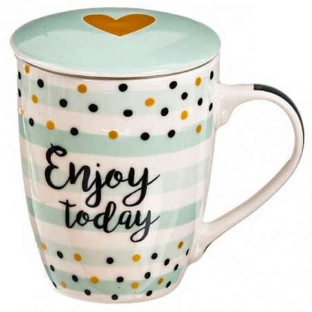 Tradineur - Taza de té con filtro y tapa, cerámica y acero inoxidable, regalo original, mantiene caliente la infusión (Puntos, 3