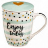 Tradineur - Taza de té con filtro y tapa, cerámica y acero inoxidable, regalo original, mantiene caliente la infusión (Puntos, 3