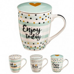 Tradineur - Taza de té con filtro y tapa, cerámica y acero inoxidable, regalo original, mantiene caliente la infusión (Puntos, 3