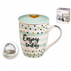 Tradineur - Taza de té con filtro y tapa, cerámica y acero inoxidable, regalo original, mantiene caliente la infusión (Puntos, 3