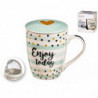Tradineur - Taza de té con filtro y tapa, cerámica y acero inoxidable, regalo original, mantiene caliente la infusión (Puntos, 3