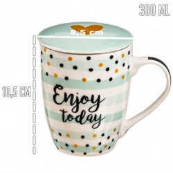 Tradineur - Taza de té con filtro y tapa, cerámica y acero inoxidable, regalo original, mantiene caliente la infusión (Puntos, 3