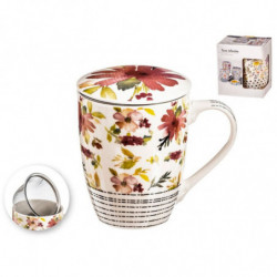 Tradineur - Taza para té, infusión con filtro y tapa, cerámica y acero inoxidable, mantiene caliente la infusión, regalo origina