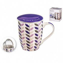 Tradineur - Taza para té, infusiones con filtro y tapa, cerámica y acero inoxidable, mantiene caliente la infusión, regalo origi