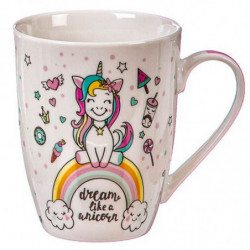 Tradineur - Taza de cerámica para té, café, infusiones, desayuno, apta para lavavajillas y microondas, regalo original (Unicorni