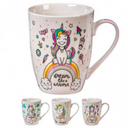 Tradineur - Taza de cerámica para té, café, infusiones, desayuno, apta para lavavajillas y microondas, regalo original (Unicorni