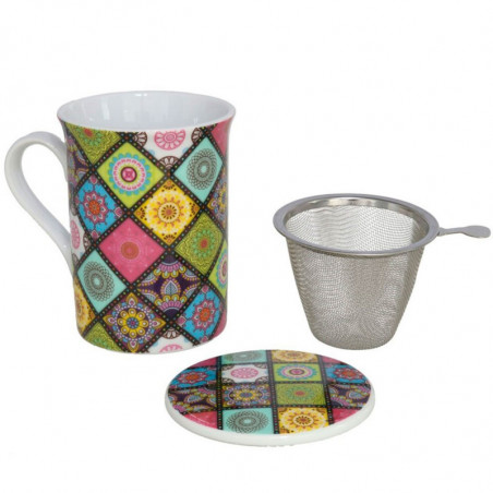 Tradineur - Taza mug de porcelana para té, infusiones, incluye tapa y filtro de acero inoxidable, mantiene caliente la infusión,