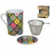 Tradineur - Taza mug de porcelana para té, infusiones, incluye tapa y filtro de acero inoxidable, mantiene caliente la infusión,