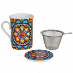 Tradineur - Taza mug de porcelana para infusiones, café, té, incluye tapa y filtro de acero inoxidable, mantiene caliente la inf