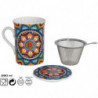 Tradineur - Taza mug de porcelana para infusiones, café, té, incluye tapa y filtro de acero inoxidable, mantiene caliente la inf