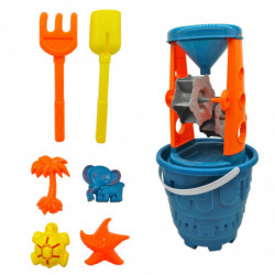 Tradineur - Cubo de playa con molinillo, pala, rastrillo y moldes, juguete de plástico para niños, jugar en la arena, playa, par