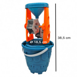 Tradineur - Cubo de playa con molinillo, pala, rastrillo y moldes, juguete de plástico para niños, jugar en la arena, playa, par