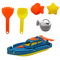Tradineur - Barco de juguete con pala, rastrillo, mini regadera y moldes, plástico resistente, niños, jugar en la arena, playa,