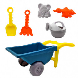 Tradineur - Carretilla de playa con pala, rastrillo, mini regadera y moldes, juguete de plástico, niños, jugar en la arena, play