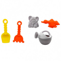 Tradineur - Carretilla de playa con pala, rastrillo, mini regadera y moldes, juguete de plástico, niños, jugar en la arena, play