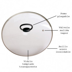 Tradineur - Tapa para olla de vidrio templado y acero inoxidable, incluye pomo plegable y válvula para salida de vapor, apta par