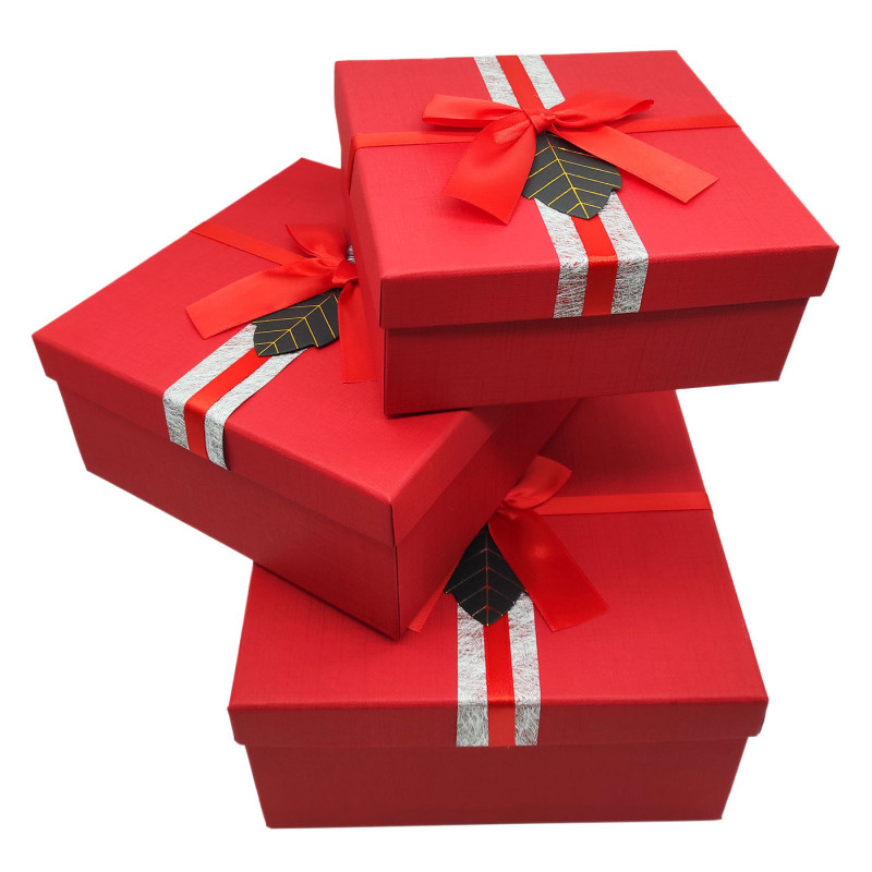 Tradineur - Set de 3 cajas de regalo cuadradas con lazo, cartón, 3 tamaños distintos, cajas decorativas con tapa, presentación, Tradineur - Set de 3 cajas de regalo cuadradas con lazo, cartón, 3 tamaños distintos, cajas decorativas con tapa, presentación,